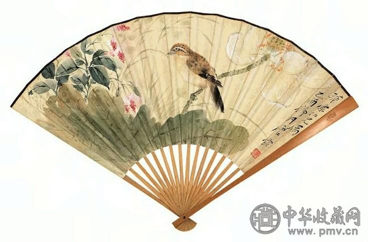 近现代 唐云 荷花小鸟 扇面