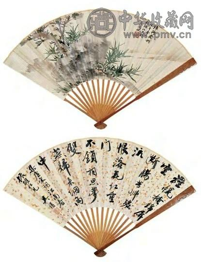 吴湖帆 甲午(1954年)作 书画合璧扇 成扇 设色纸本