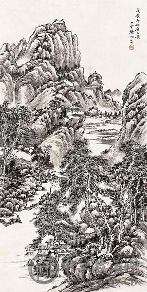 樊少云 1928年作 仿唐子畏山水图 立轴 设色纸本