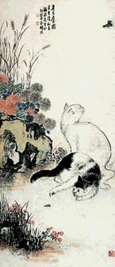 胡汀鹭 猫蝶图 立轴 设色纸本