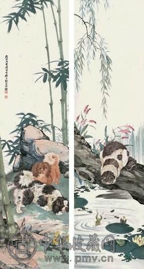 刘奎龄 戊寅(1938年)作 动物对屏 镜心 设色纸本