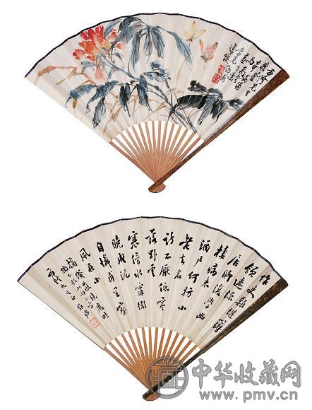 马万里 双蝶花卉图 成扇 设色纸本