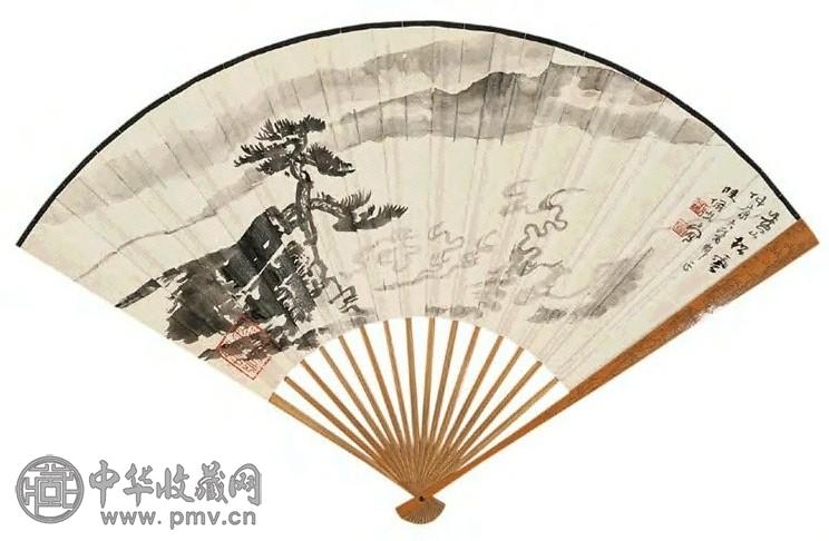 陆俨少 黄山松云 红叶题诗 扇面 设色笺本