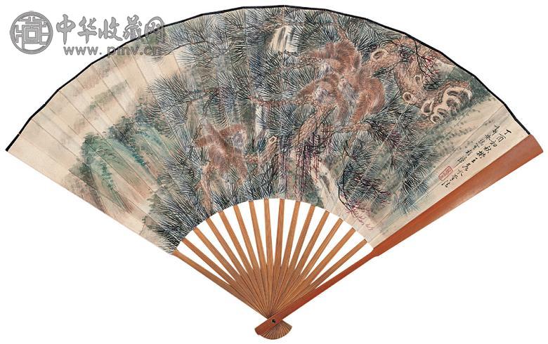 程璋 1897年作 松猴图 成扇 设色纸本
