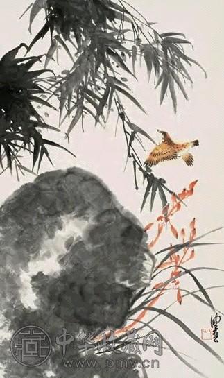 陈佩秋 竹石飞雀 立轴 设色纸本