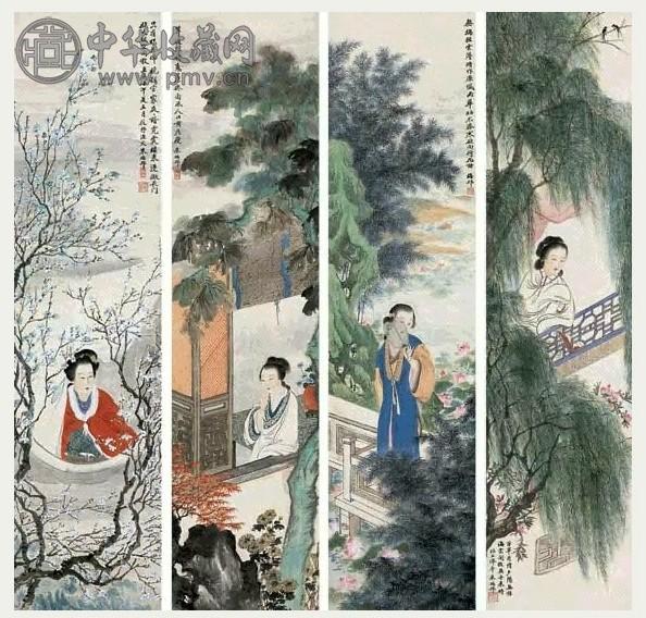 朱梅 四景仕女 立轴 设色纸本