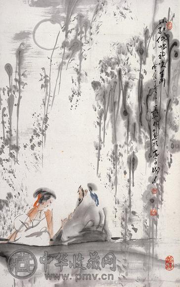 吴山明 1988年作 小红低唱我吹箫 镜心 设色纸本