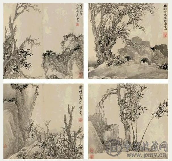 曹涧 山水 四屏 水墨纸本