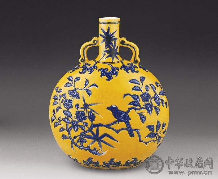 清 黄釉青花花鸟扁壶
