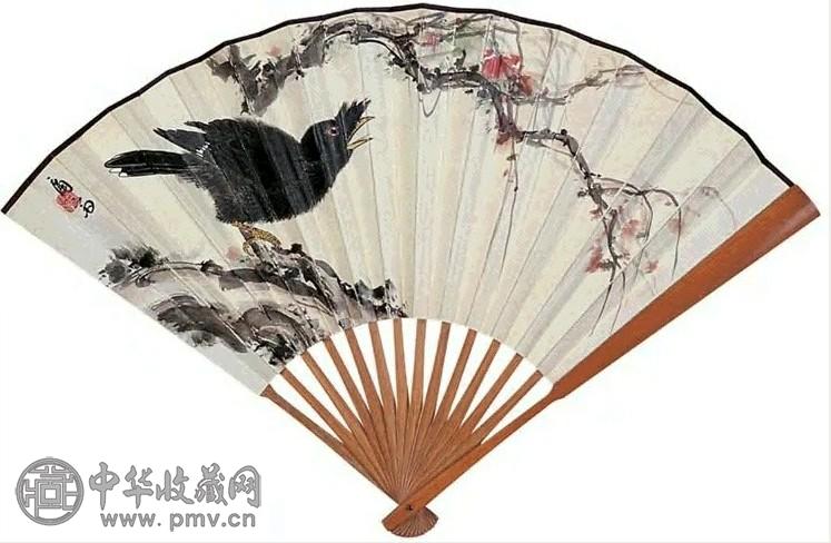 当代 溥佐 八哥 成扇