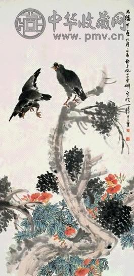 倪田 1904年作 松柏八哥 立轴 设色纸本