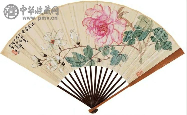 商笙伯 谭泽闿 玉堂富贵 行书 成扇 设色纸本