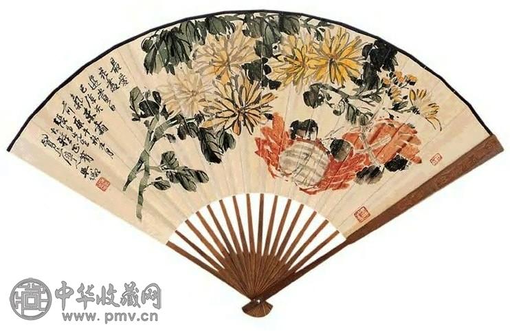 吴待秋 菊蟹 成扇 设色纸本