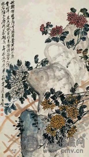 吴昌硕 1915年作 菊石图 立轴 设色纸本