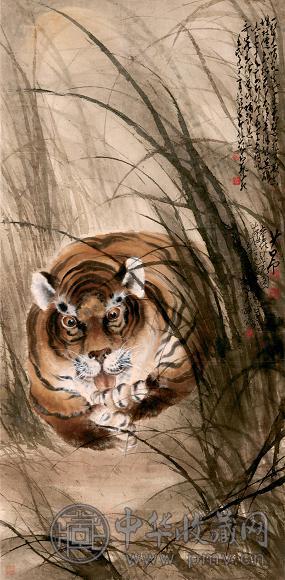 赵少昂 1939年作 卧虎图 立轴 设色纸本