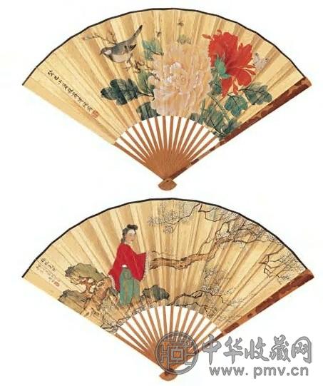 溥僴 癸巳(1953) 富贵无双 梅林觅句 扇面 设色金笺