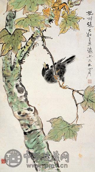 张大壮 1979年作 桐荫八哥 立轴 设色纸本