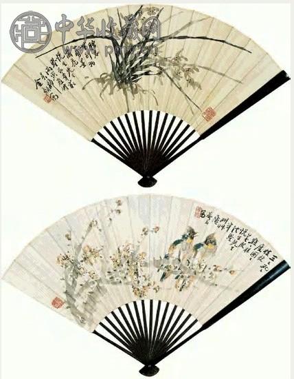 金梦石 1926年作 梅雀 墨兰 扇面 设色纸本