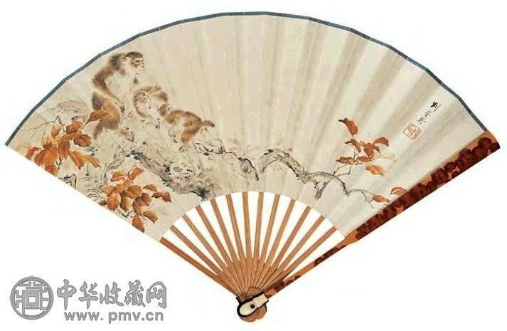 刘奎龄 红叶猿戏 扇面 设色纸本