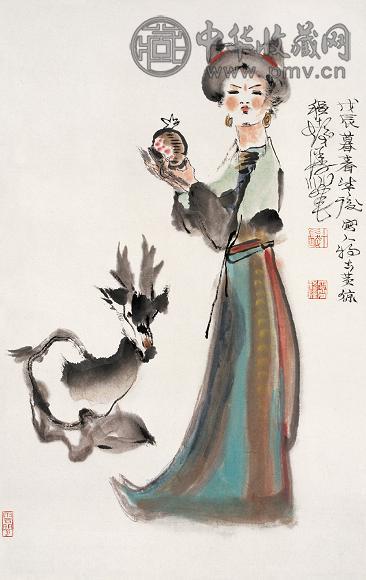 程十发 1988年作 少女与黄猄 立轴 设色纸本