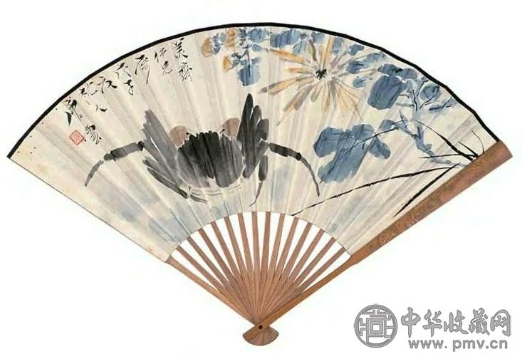 唐云 1948年作 菊蟹图 书法 扇面 设色纸本
