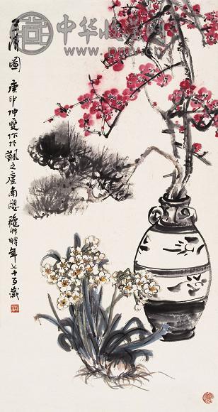 陈秋草 1980年作 三友图 立轴 设色纸本