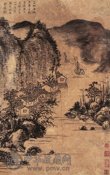 程邃 高岩飞泉图 镜心 设色纸本