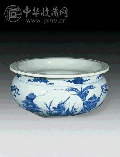 清康熙 青花开光博古花鸟香炉