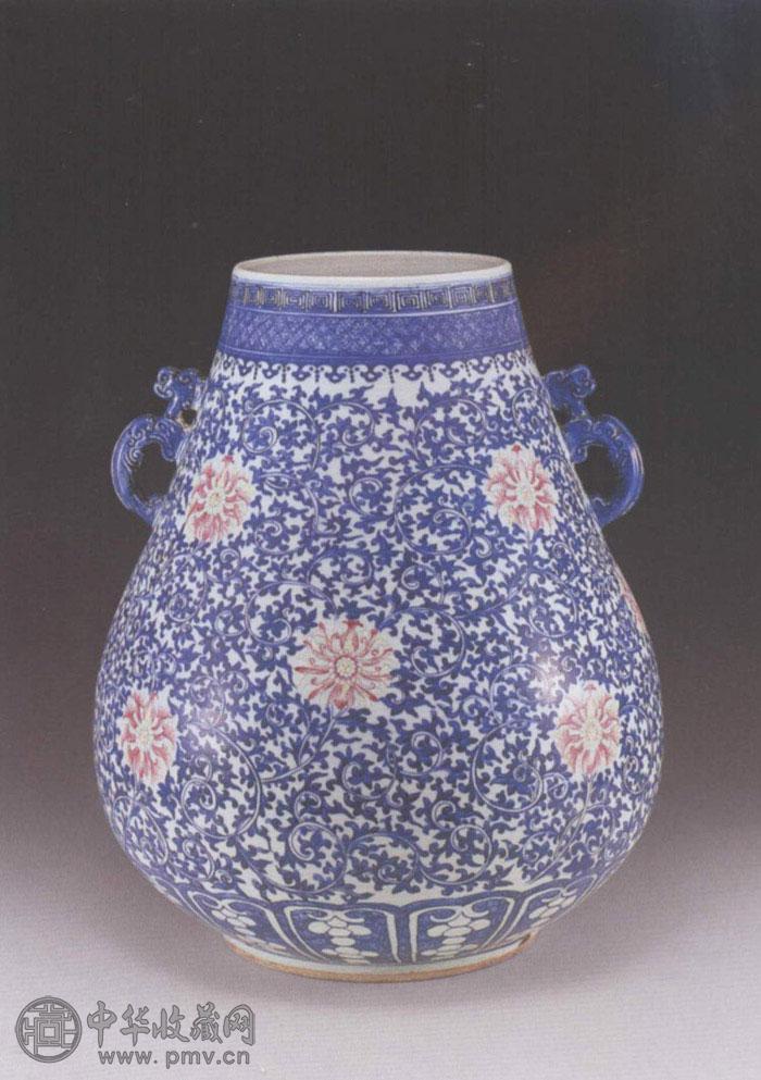 清 青花勾莲加彩花卉尊