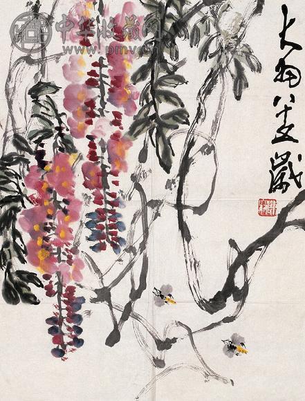 陈大羽 紫藤蜜蜂 镜心 设色纸本