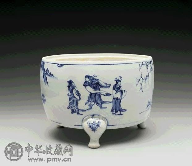 明成化 青花人物鼓式三足炉