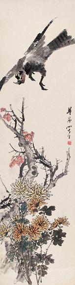 朱梦庐 近代 菊鹰图 立轴 设色纸本