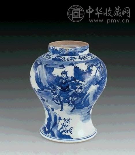 清 青花刀马人物将军罐