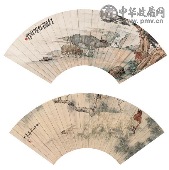 刘奎龄 1931、1940年作 南浦小憩 柳塘晓霁(2幅) 扇面 设色纸本