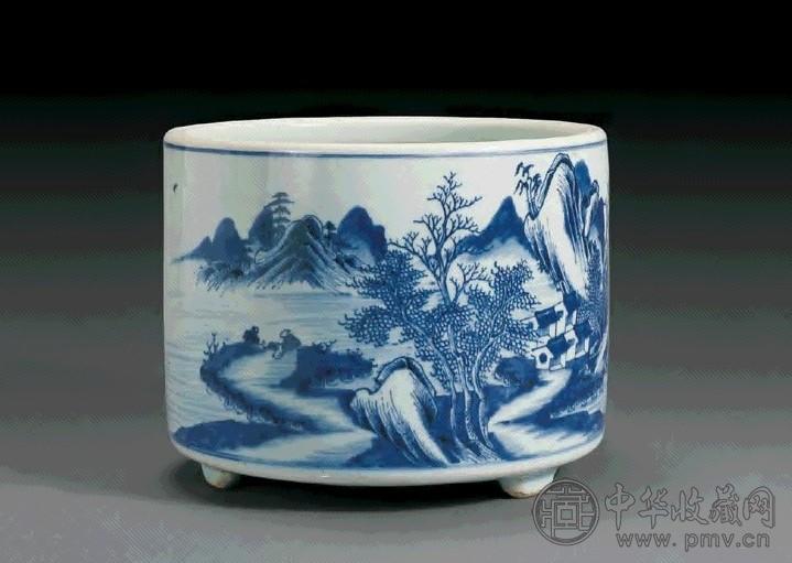 清康熙 青花山水人物图香炉