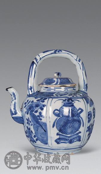 明万历 青花花鸟瓜棱提梁壶