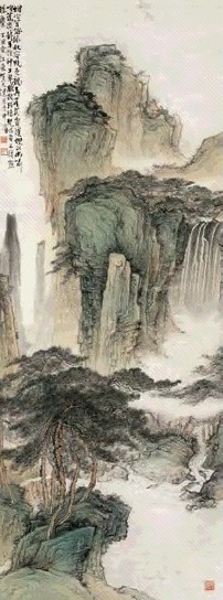 贺天健 奔崖霄汉图 立轴 设色纸本