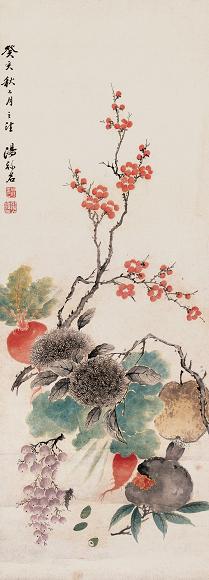 汤禄名 癸亥(1863年)作 花果 屏 设色纸本