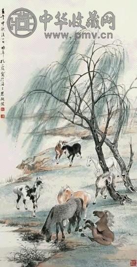 孔小瑜 1942年作 柳阴八骏图 轴 纸本设色