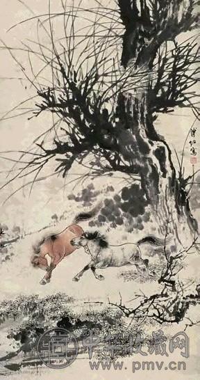 溥佐 秋林双骏 镜心 设色纸本