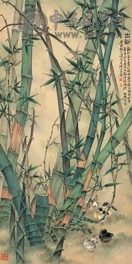 钱行健 翠竹雏鸡图 立轴 设色绢本