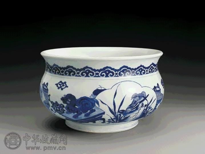 清康熙 青花开光清贡花鸟纹缽式炉