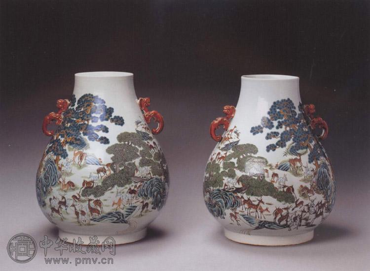 清光绪 粉彩百鹿图鹿头尊(1对)