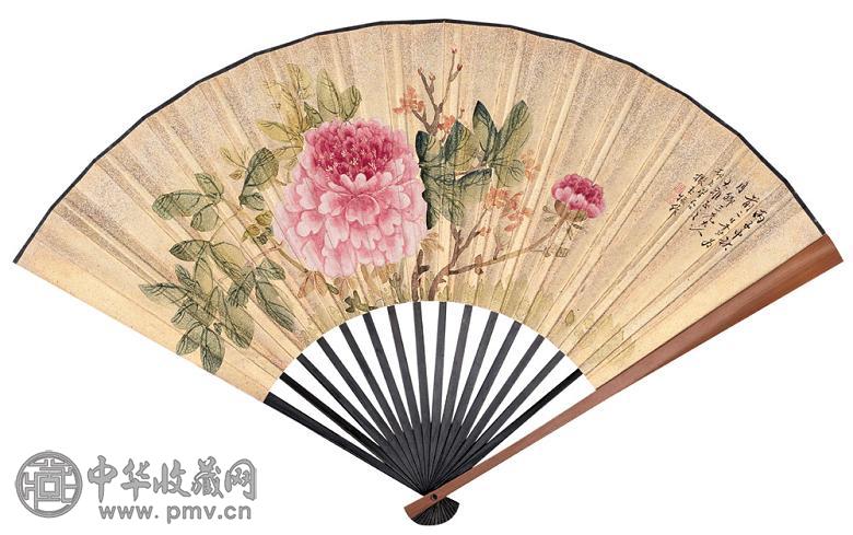 星台 汪国凤 1936年作 牡丹 行书 成扇 设色金笺
