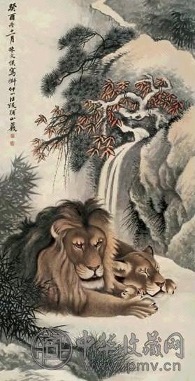 朱文侯 双狮 立轴 设色纸本