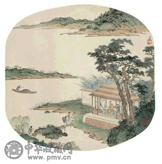 溥儒 山水人物 扇面 设色纸本