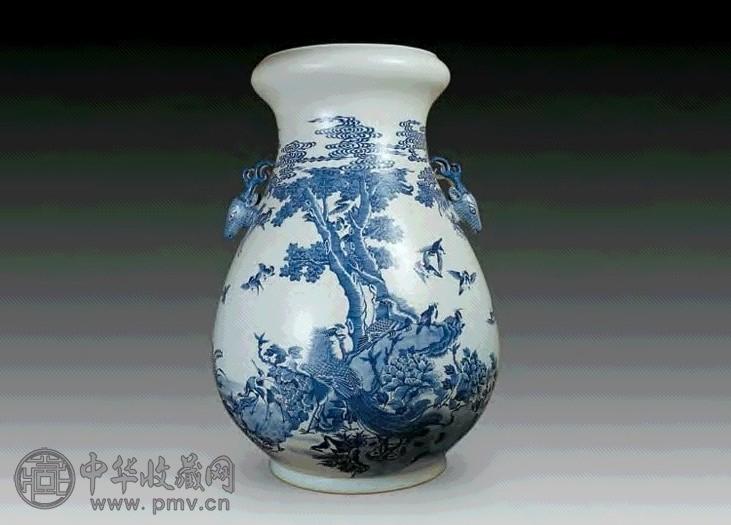 清中期 青花百鸟朝凤大鹿头尊