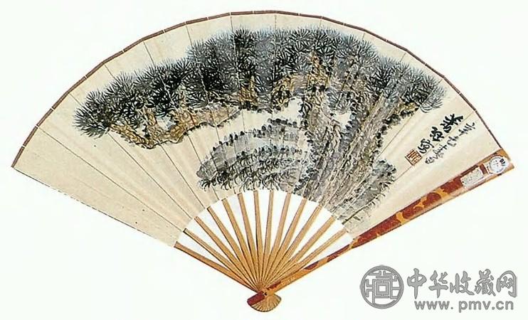 萧愻 近现代 寿松、行书 扇面