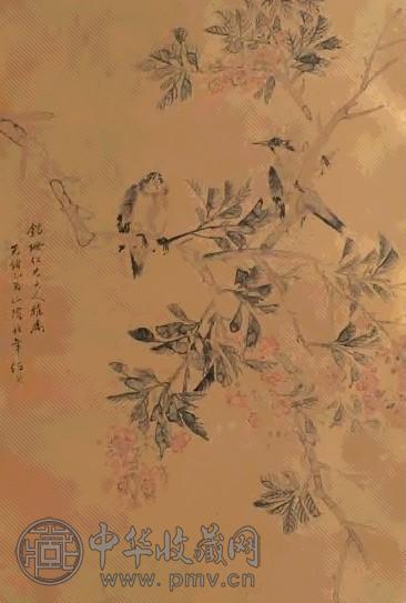 任伯年 1909年作 桃花幽禽图 镜心 金笺设色