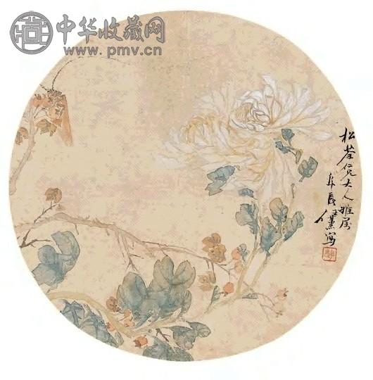 任薰 秋菊天牛 扇面 设色绢本